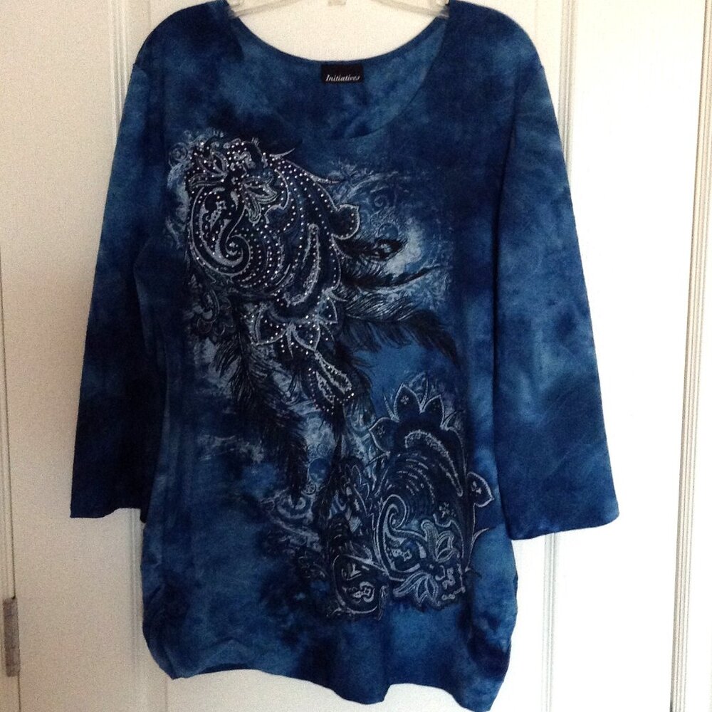 Initiatives Women's 3/4 Sleeve Blue Top Rhinestones Size XL Stretchy